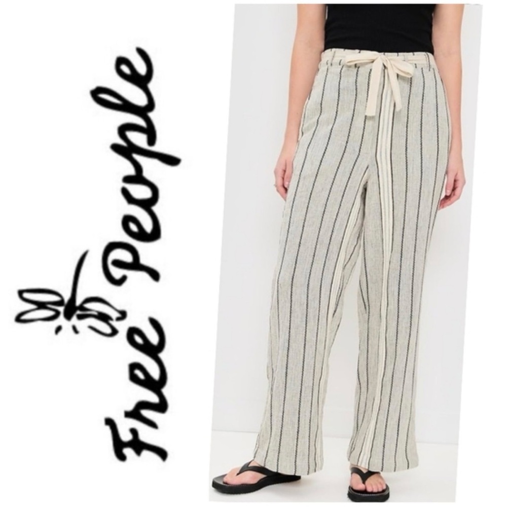 NEW Free People Take Me To Paris Striped Linen Blend Wide Leg Pants xs